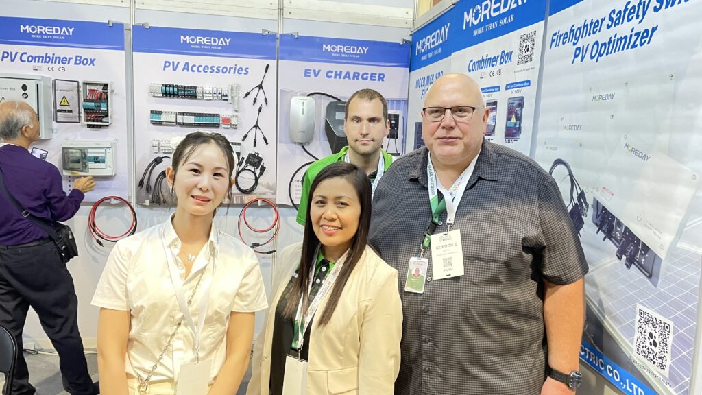 Moreday team at Solar & Storage Live show in Philippines from May 19th to May 20th at SMX Convention Center Manila, showcasing our best photovoltaic PV accessories, solar system transmission and distribution unit and equipment, AC and DC EV charging stations, solar energy storage system