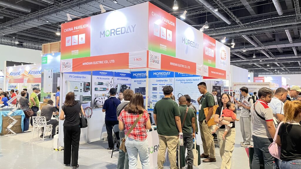 Moreday team at Solar & Storage Live show in Philippines from May 19th to May 20th at SMX Convention Center Manila, showcasing our best photovoltaic PV accessories, solar system transmission and distribution unit and equipment, AC and DC EV charging stations, solar energy storage system