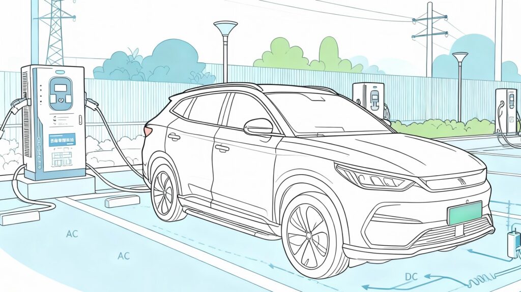 Diagram showing how DC fast chargers convert power from the grid to charge EV batteries