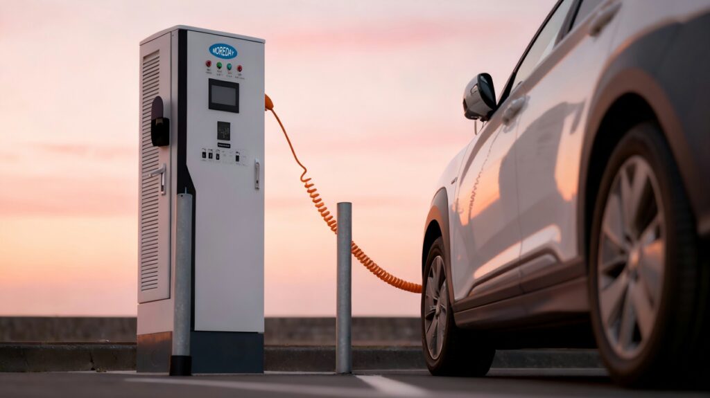 Electric vehicle charging at a DC fast charger station