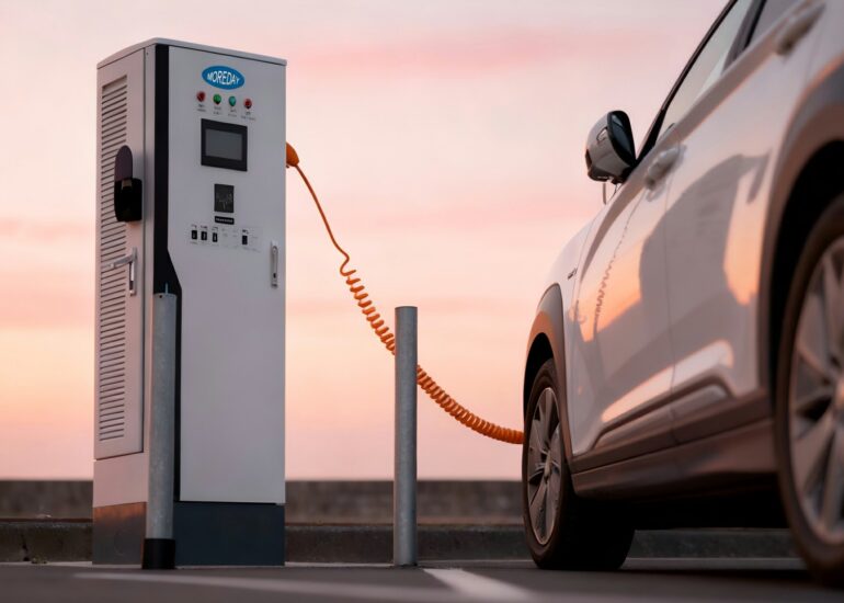 Electric vehicle charging at a DC fast charger station