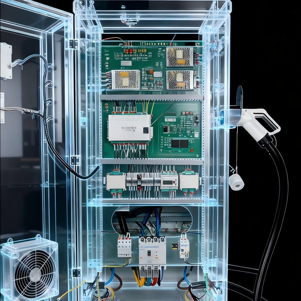 Internal structure of a DC fast charger including power modules and control systems