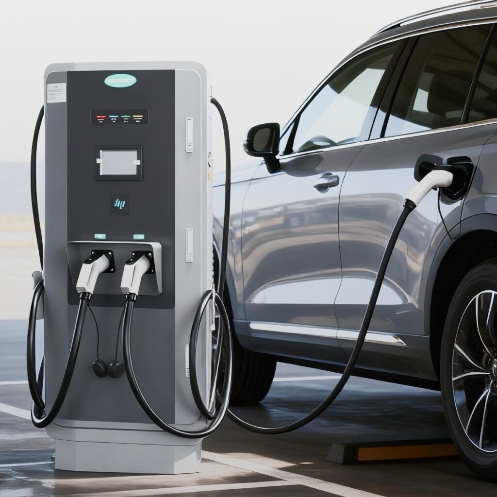 Electric vehicle charging at a DC fast charger station