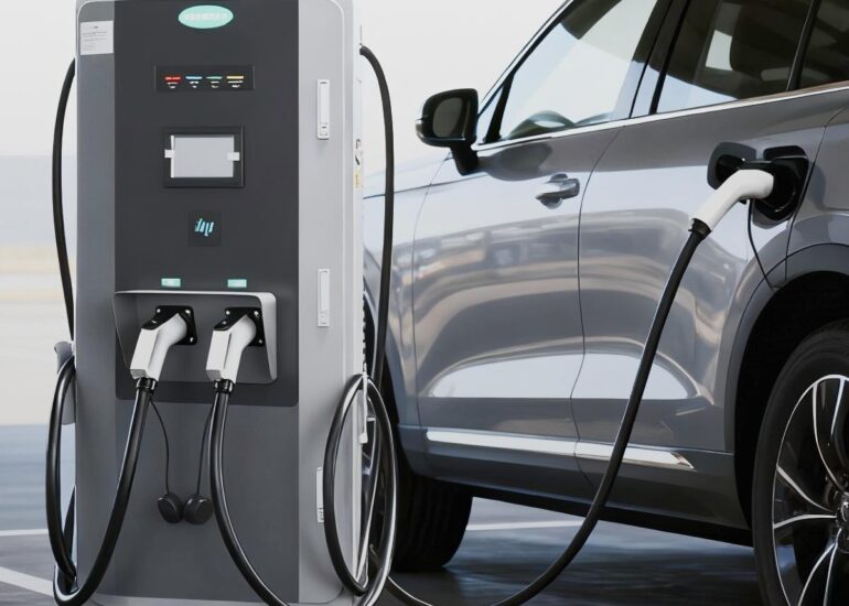 Electric vehicle charging at a DC fast charger station