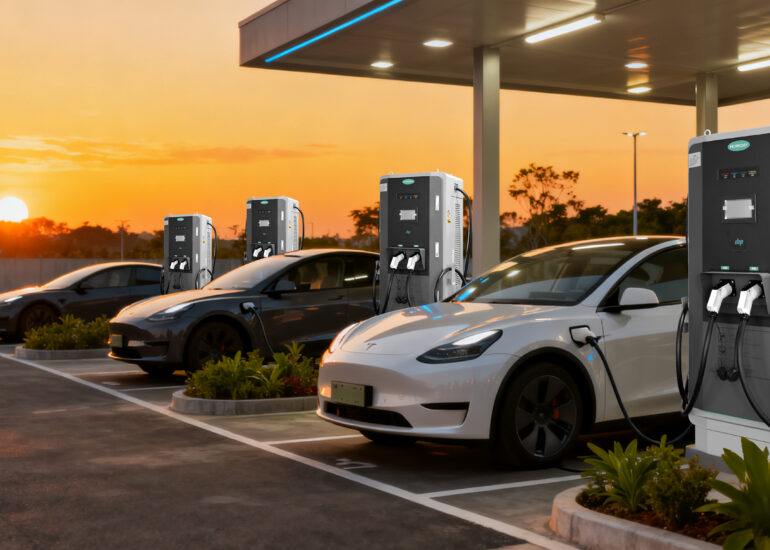 EV charging at sunset