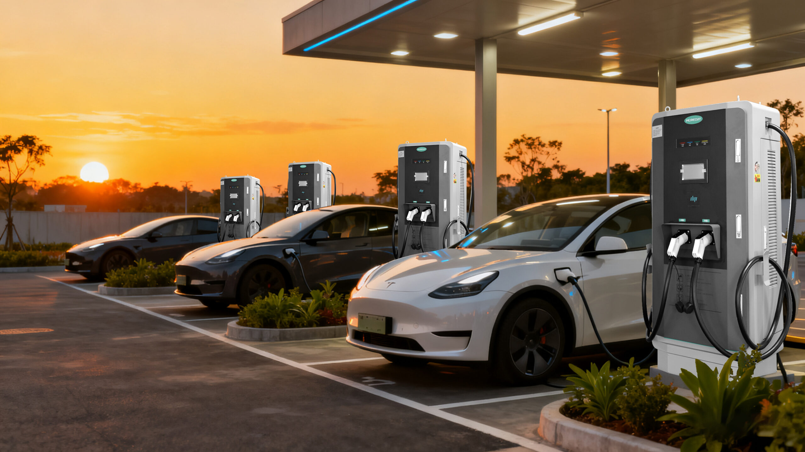 EV charging at sunset