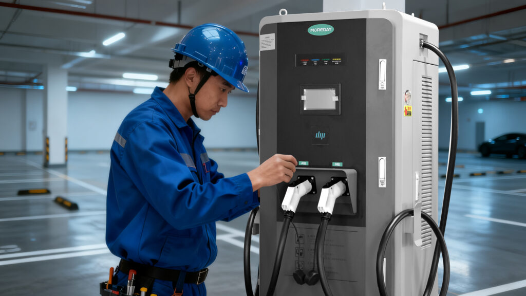 MOREDAY engineers installing chargers at a commercial site